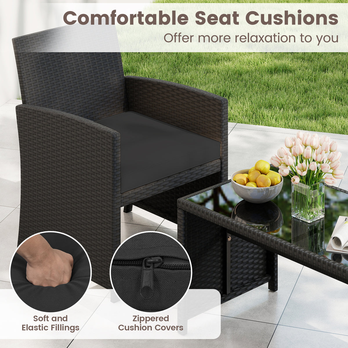 4 Pieces Patio Furniture Set with Tempered Glass Tabletop and Removable Cushion-Black-Patio Conversation Sets-DECOROLALA