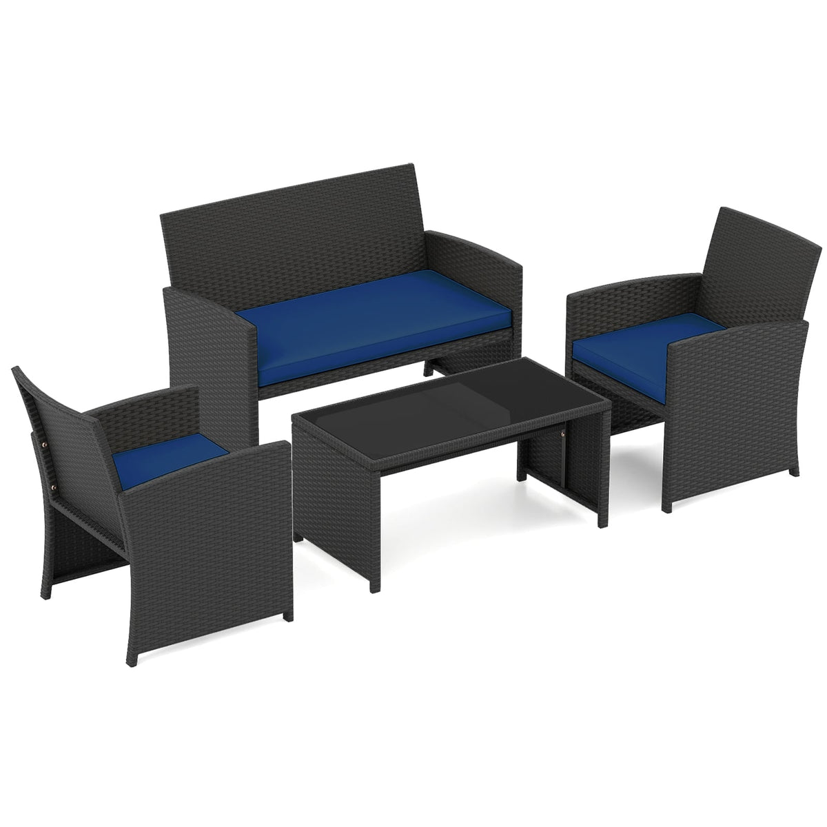 4 Pieces Patio Furniture Set with Tempered Glass Tabletop and Removable Cushion-Navy-Patio Conversation Sets-DECOROLALA