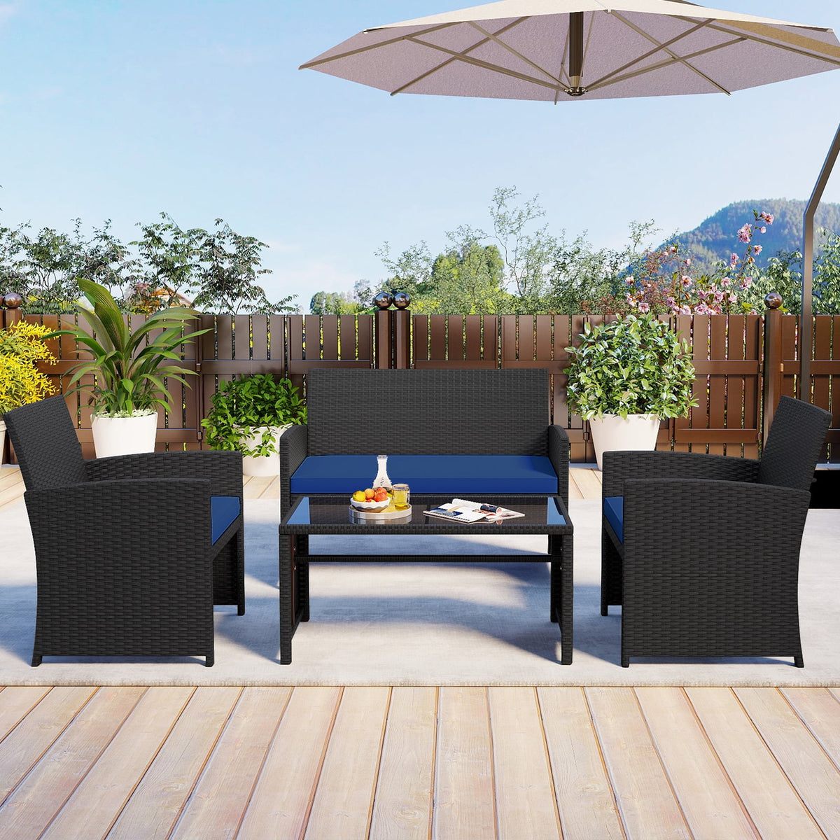 4 Pieces Patio Furniture Set with Tempered Glass Tabletop and Removable Cushion-Navy-Patio Conversation Sets-DECOROLALA