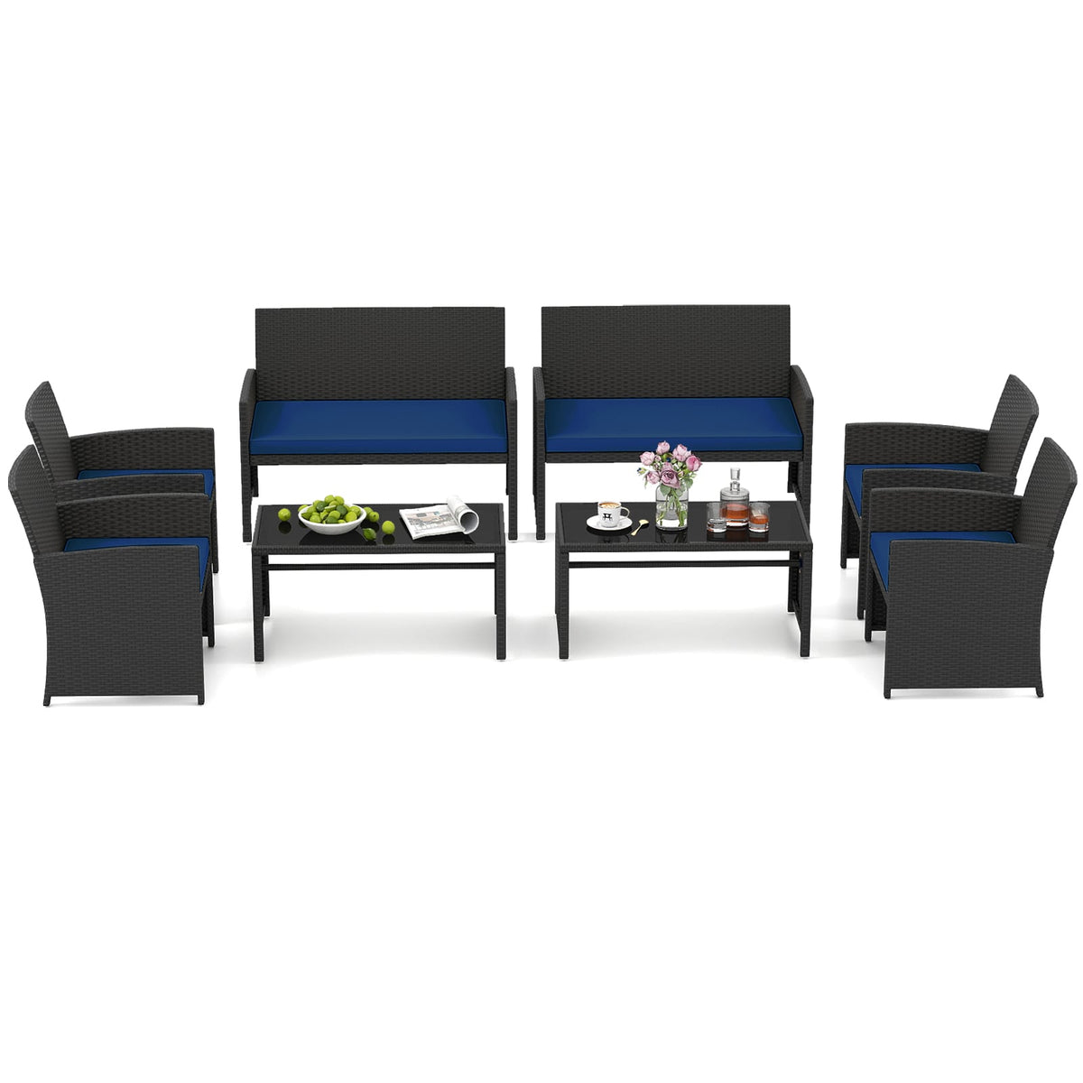 4 Pieces Patio Furniture Set with Tempered Glass Tabletop and Removable Cushion-Navy-Patio Conversation Sets-DECOROLALA