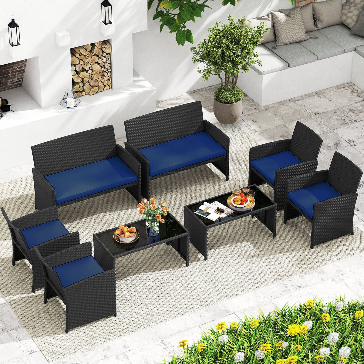 4 Pieces Patio Furniture Set with Tempered Glass Tabletop and Removable Cushion-Navy-Patio Conversation Sets-DECOROLALA