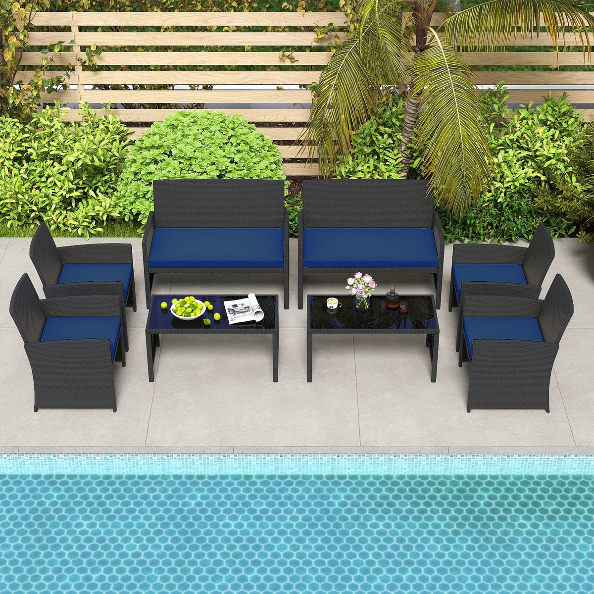 4 Pieces Patio Furniture Set with Tempered Glass Tabletop and Removable Cushion-Navy-Patio Conversation Sets-DECOROLALA