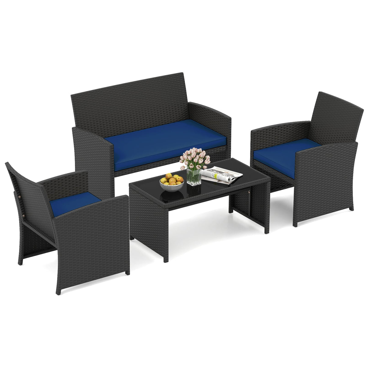 4 Pieces Patio Furniture Set with Tempered Glass Tabletop and Removable Cushion-Navy-Patio Conversation Sets-DECOROLALA