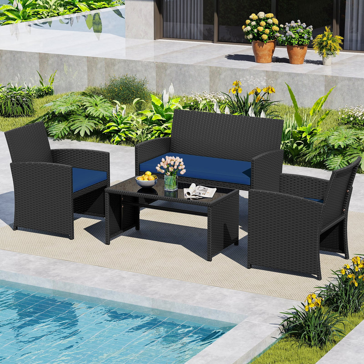 4 Pieces Patio Furniture Set with Tempered Glass Tabletop and Removable Cushion-Navy-Patio Conversation Sets-DECOROLALA