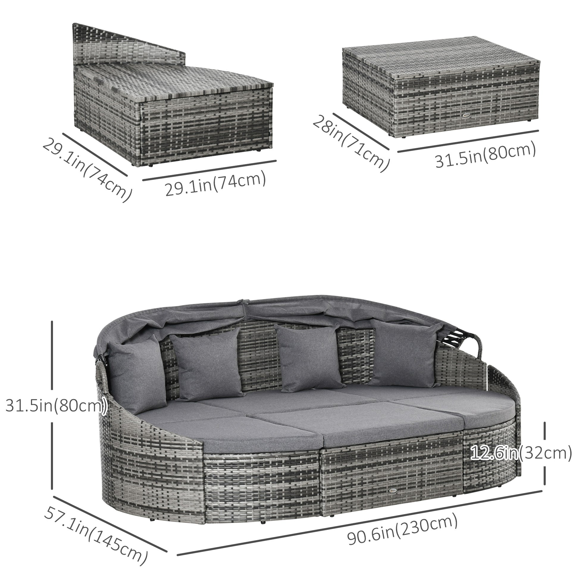 4 Pieces Patio PE Wicker Round Daybed, Outdoor Rattan Garden Lounge Furniture Sets, Grey-DECOROLALA