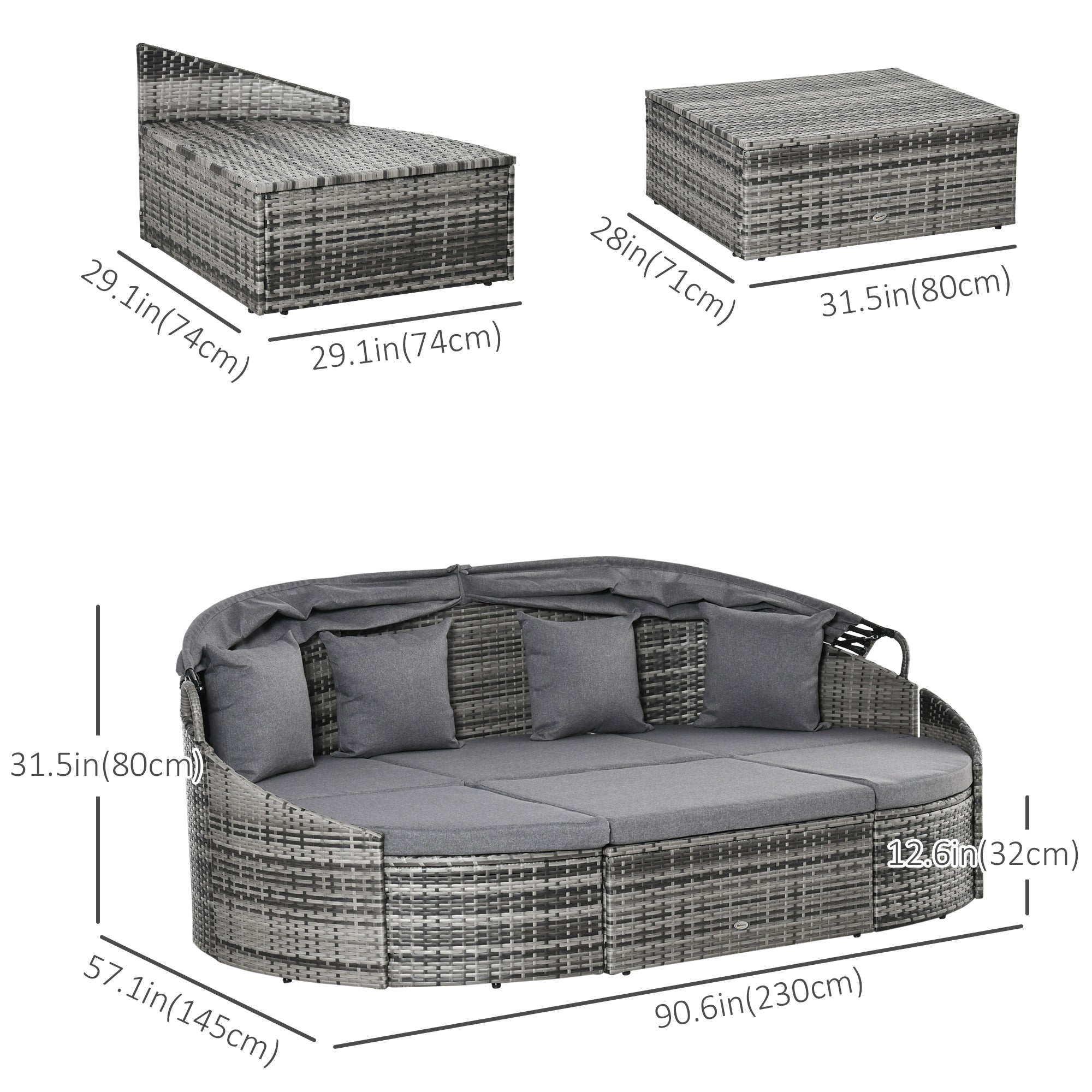 4 Pieces Patio PE Wicker Round Daybed, Outdoor Rattan Garden Lounge Furniture Sets, Grey-DECOROLALA