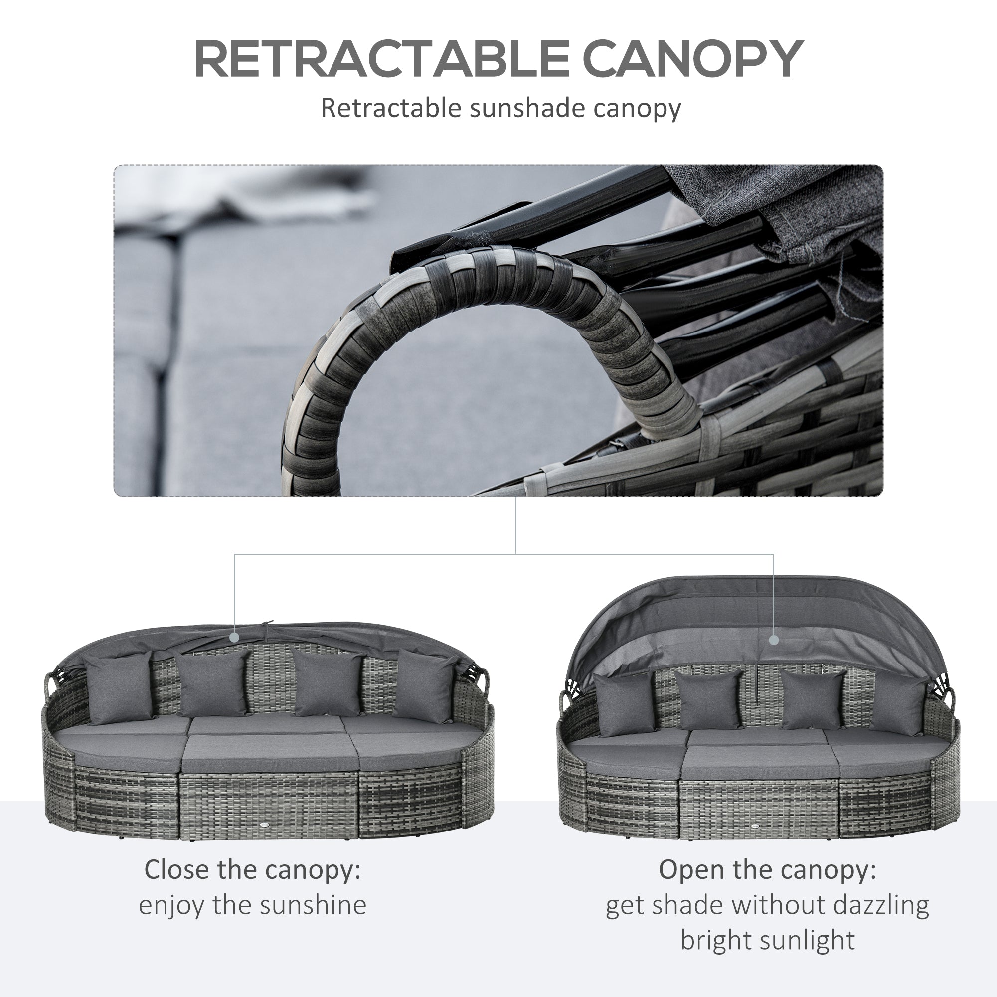 4 Pieces Patio PE Wicker Round Daybed, Outdoor Rattan Garden Lounge Furniture Sets, Grey-DECOROLALA