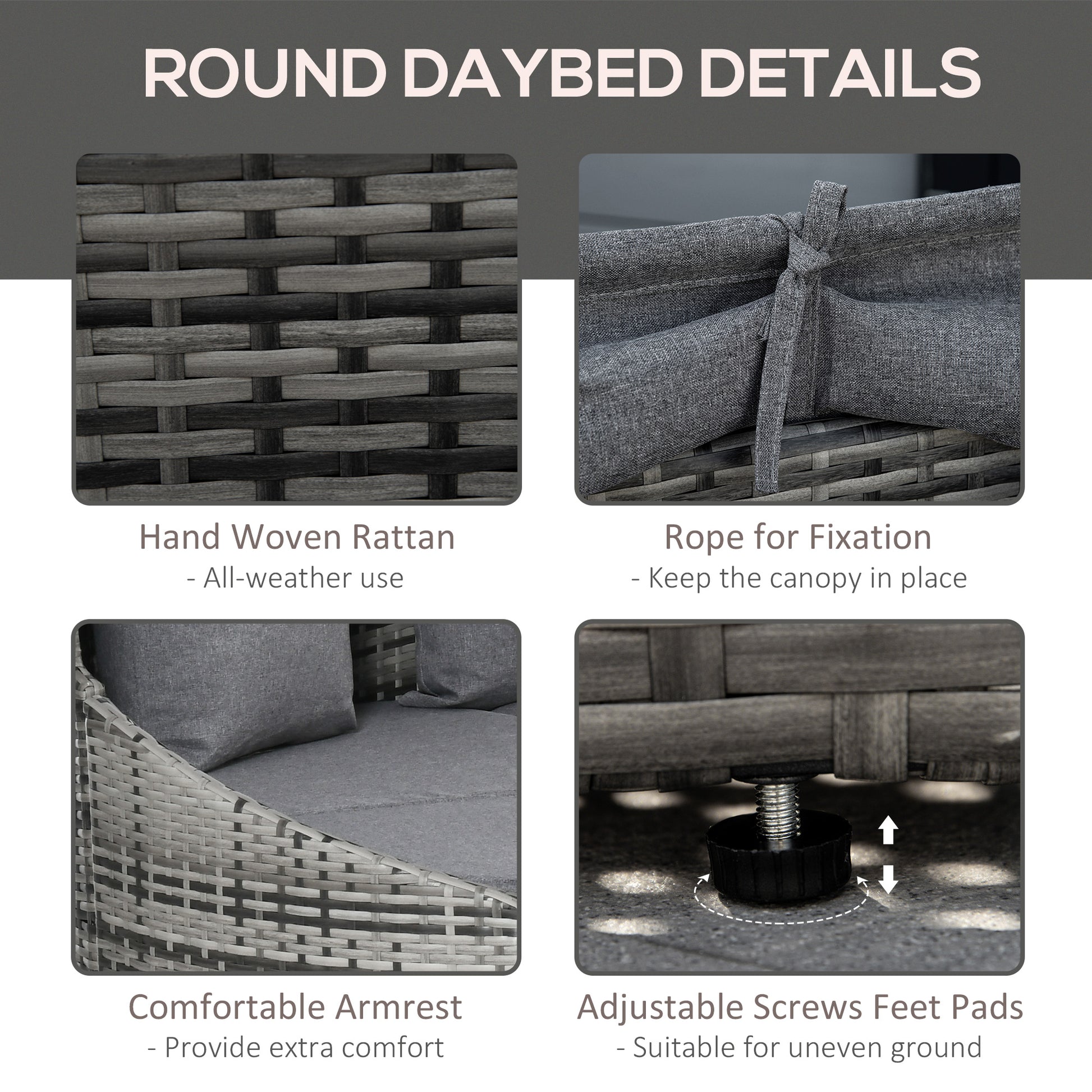 4 Pieces Patio PE Wicker Round Daybed, Outdoor Rattan Garden Lounge Furniture Sets, Grey-DECOROLALA