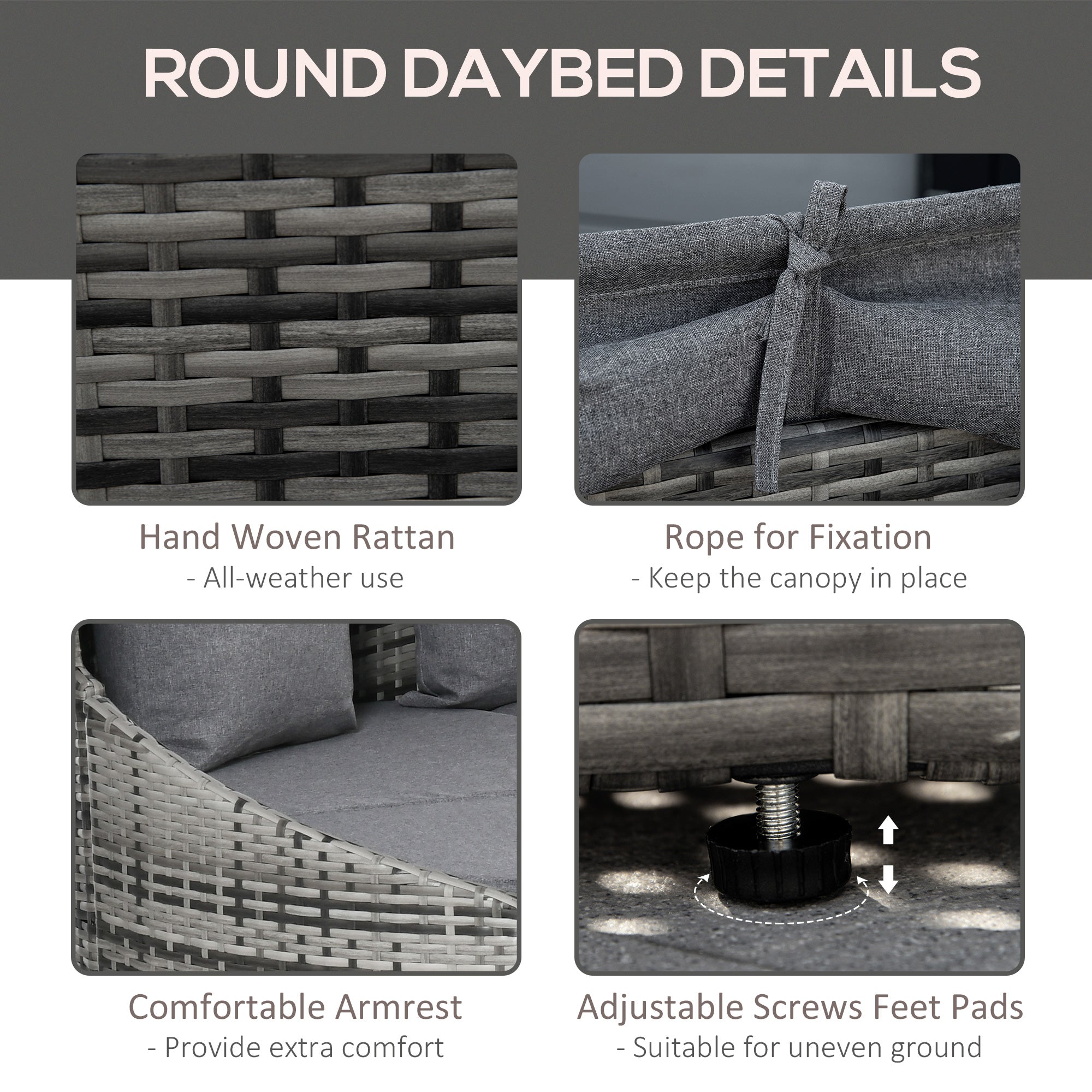 4 Pieces Patio PE Wicker Round Daybed, Outdoor Rattan Garden Lounge Furniture Sets, Grey-DECOROLALA