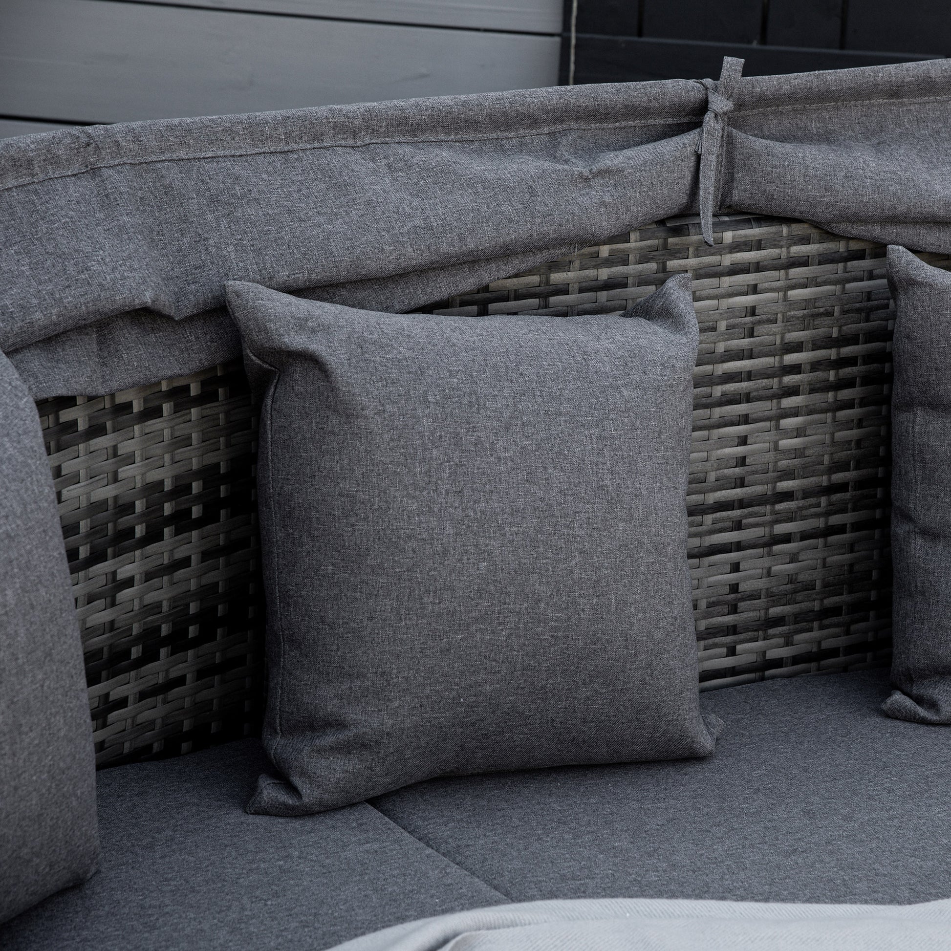 4 Pieces Patio PE Wicker Round Daybed, Outdoor Rattan Garden Lounge Furniture Sets, Grey-DECOROLALA