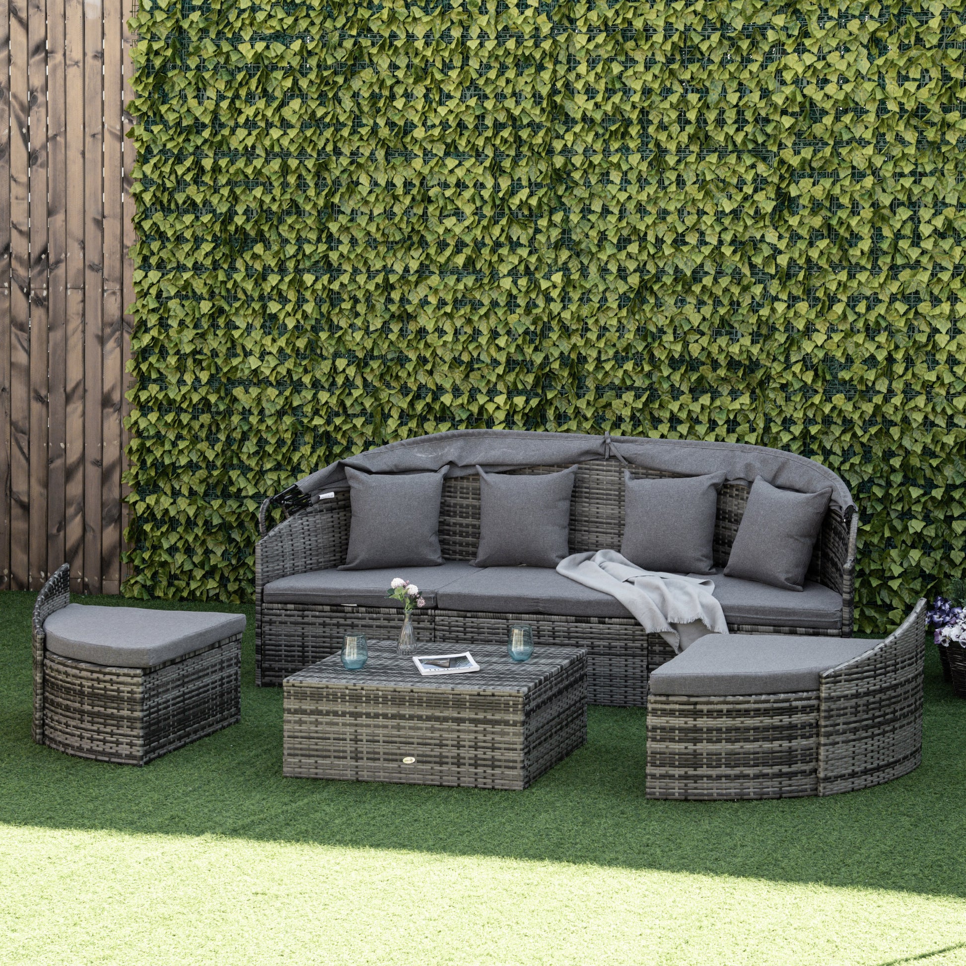 4 Pieces Patio PE Wicker Round Daybed, Outdoor Rattan Garden Lounge Furniture Sets, Grey-DECOROLALA