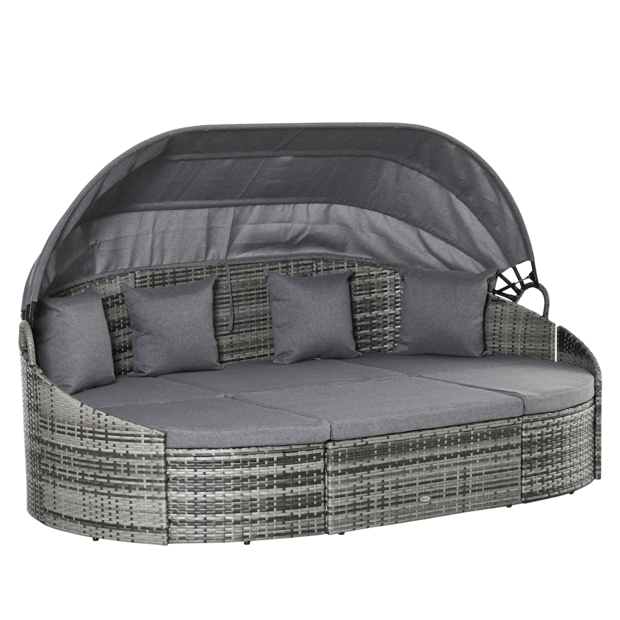 4 Pieces Patio PE Wicker Round Daybed, Outdoor Rattan Garden Lounge Furniture Sets, Grey-DECOROLALA
