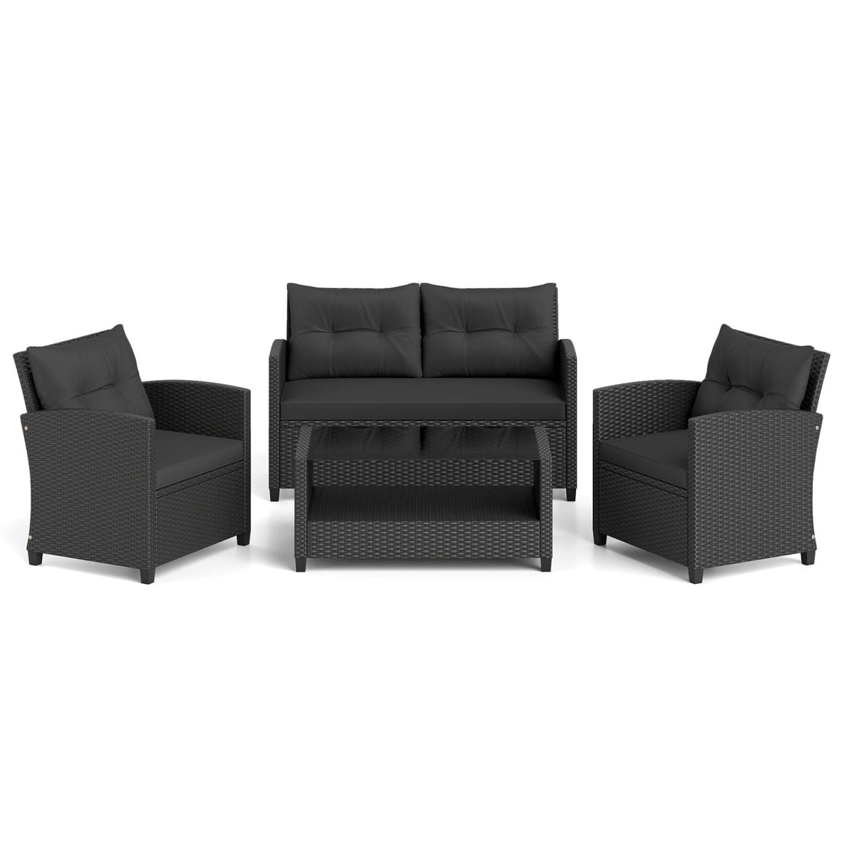 4 Pieces Patio Rattan Conversation Furniture Set with Glass Top Coffee Table-Black-Patio Conversation Sets-DECOROLALA
