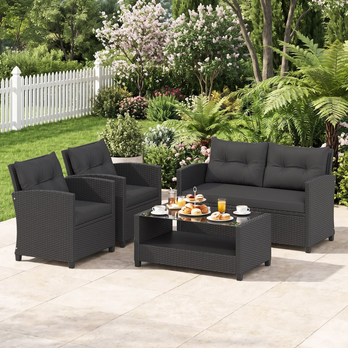 4 Pieces Patio Rattan Conversation Furniture Set with Glass Top Coffee Table-Black-Patio Conversation Sets-DECOROLALA
