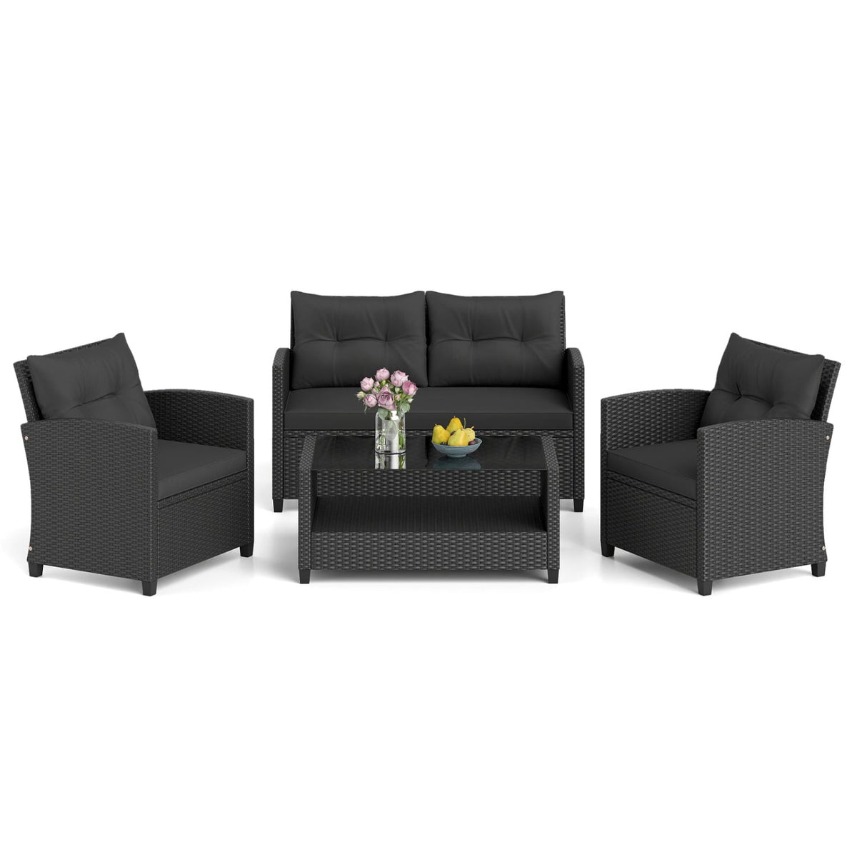 4 Pieces Patio Rattan Conversation Furniture Set with Glass Top Coffee Table-Black-Patio Conversation Sets-DECOROLALA