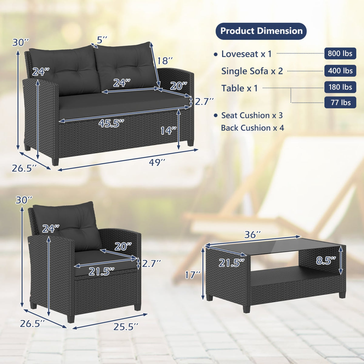 4 Pieces Patio Rattan Conversation Furniture Set with Glass Top Coffee Table-Black-Patio Conversation Sets-DECOROLALA