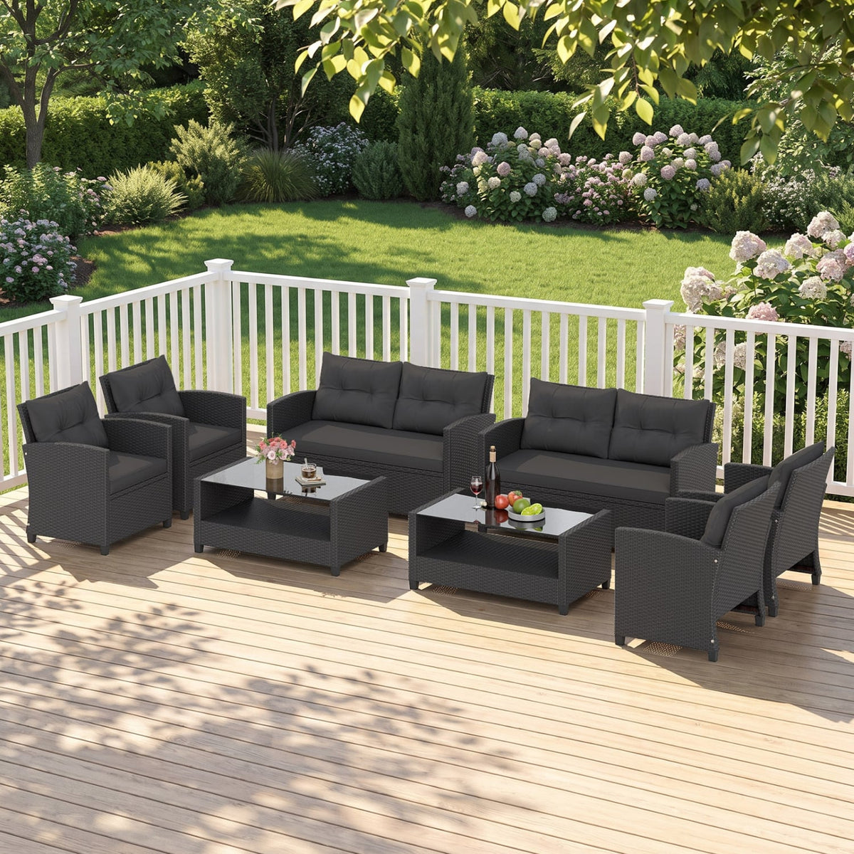 4 Pieces Patio Rattan Conversation Furniture Set with Glass Top Coffee Table-Black-Patio Conversation Sets-DECOROLALA