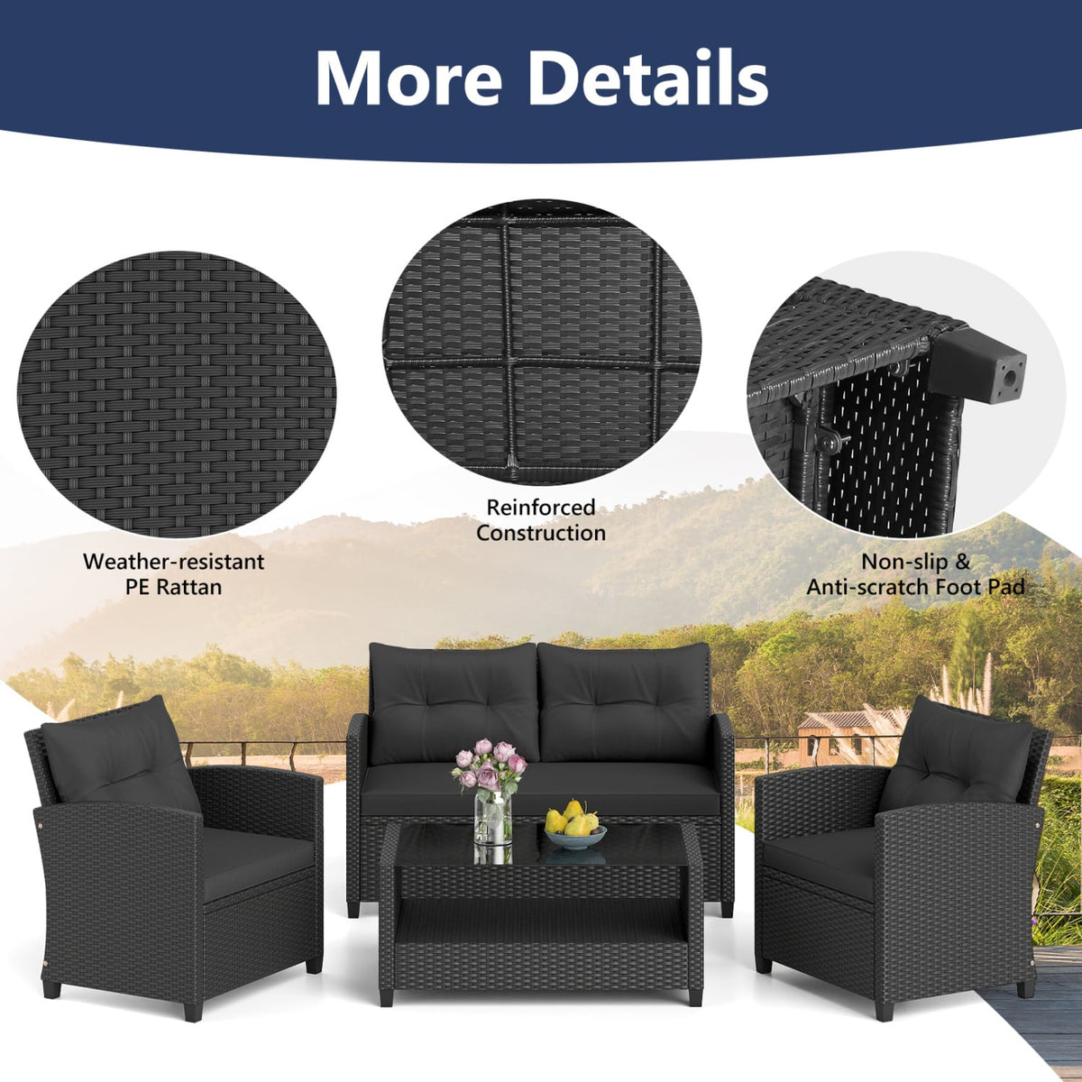 4 Pieces Patio Rattan Conversation Furniture Set with Glass Top Coffee Table-Black-Patio Conversation Sets-DECOROLALA