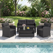 4 Pieces Patio Rattan Conversation Furniture Set with Glass Top Coffee Table-Black-Patio Conversation Sets-DECOROLALA