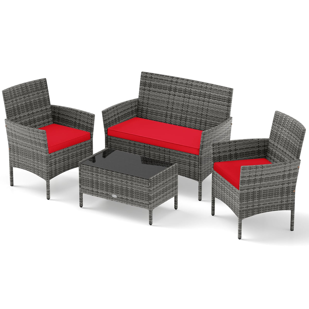 4 Pieces Patio Rattan Conversation Set with Tempered Glass Coffee Table-Red-Patio Conversation Sets-DECOROLALA
