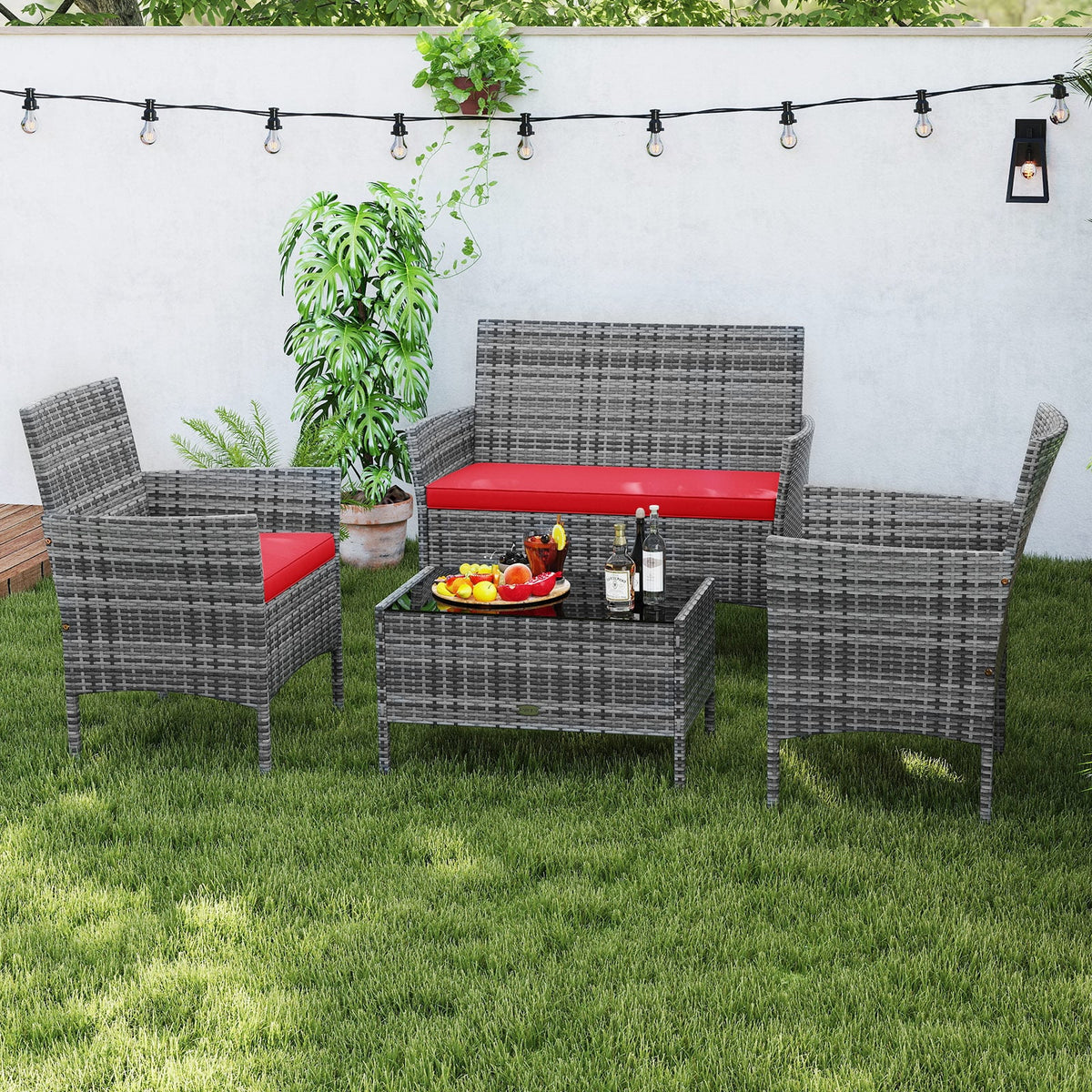 4 Pieces Patio Rattan Conversation Set with Tempered Glass Coffee Table-Red-Patio Conversation Sets-DECOROLALA