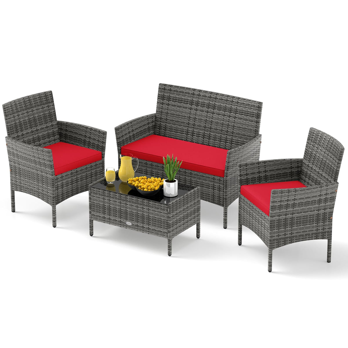 4 Pieces Patio Rattan Conversation Set with Tempered Glass Coffee Table-Red-Patio Conversation Sets-DECOROLALA