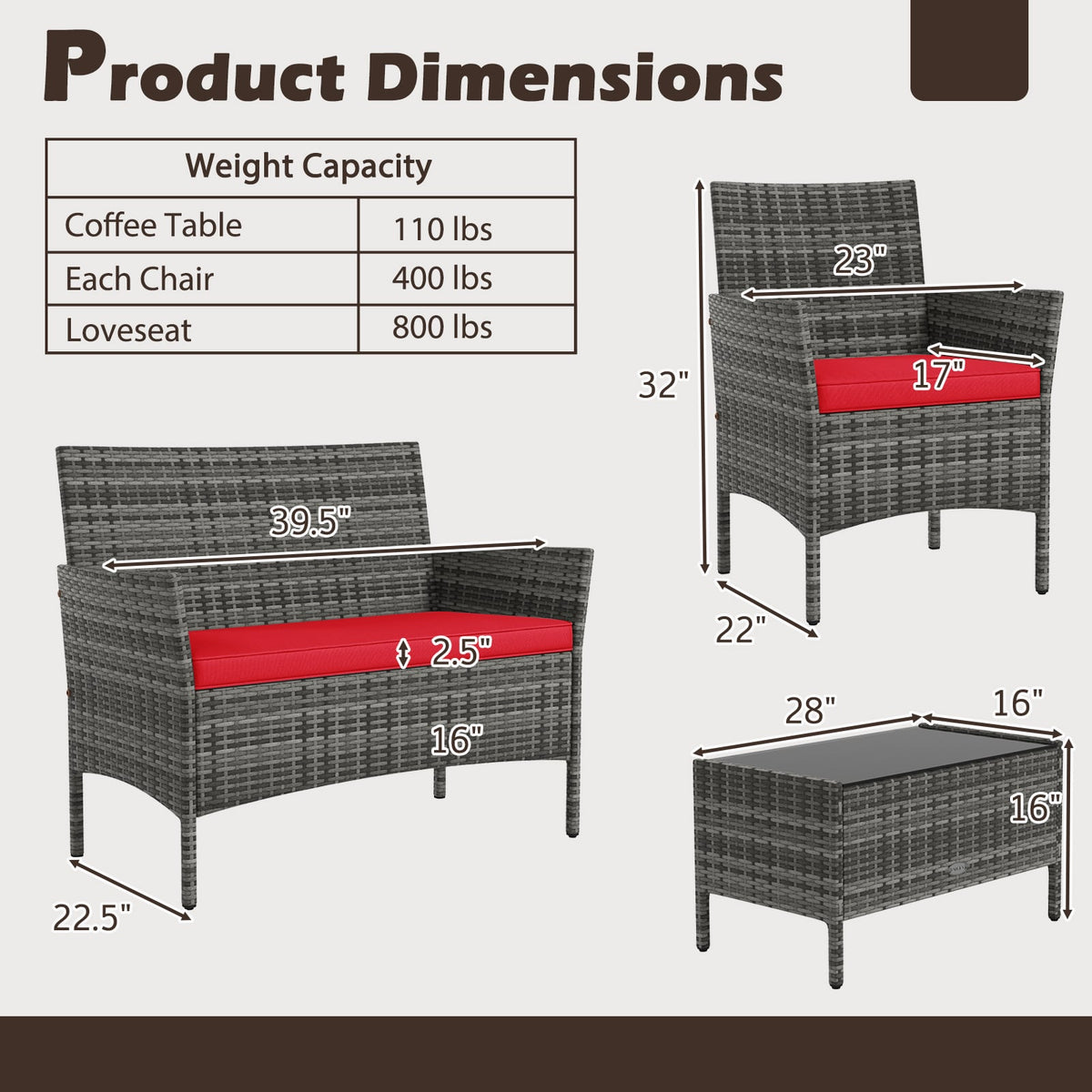 4 Pieces Patio Rattan Conversation Set with Tempered Glass Coffee Table-Red-Patio Conversation Sets-DECOROLALA