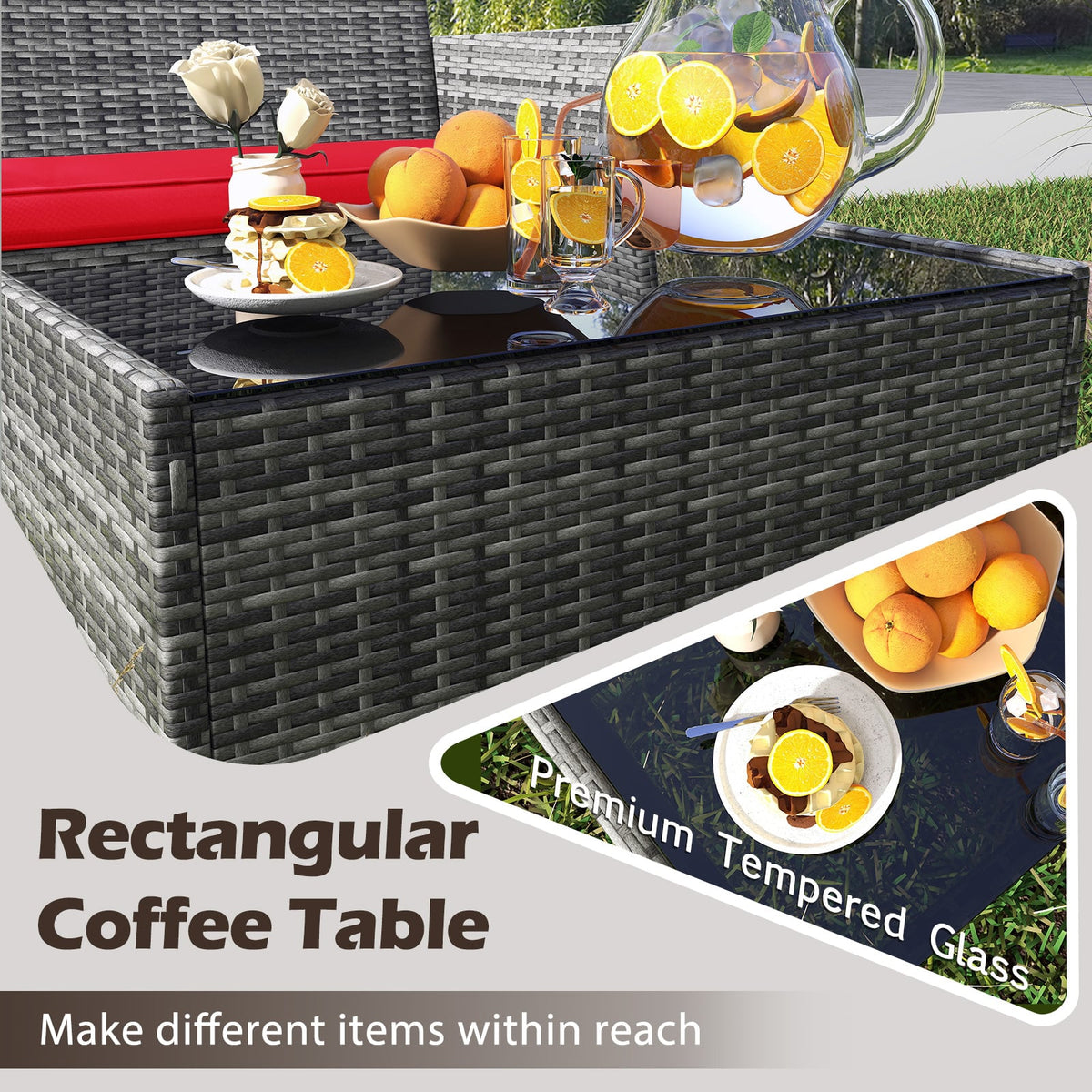 4 Pieces Patio Rattan Conversation Set with Tempered Glass Coffee Table-Red-Patio Conversation Sets-DECOROLALA