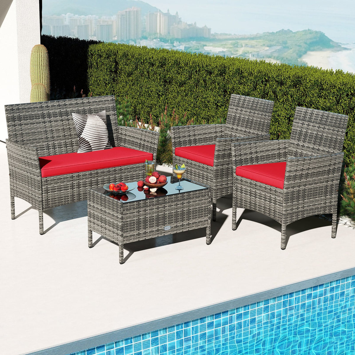 4 Pieces Patio Rattan Conversation Set with Tempered Glass Coffee Table-Red-Patio Conversation Sets-DECOROLALA