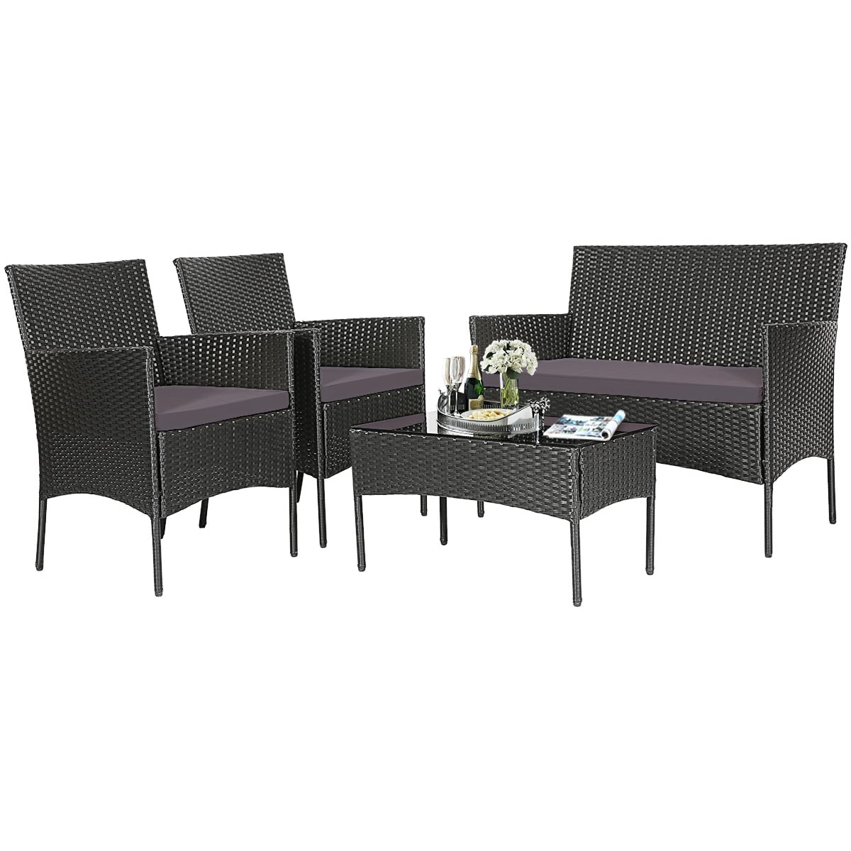 4 Pieces Patio Rattan Cushioned Sofa Set with Tempered Glass Coffee Table-Gray-Patio Conversation Sets-DECOROLALA