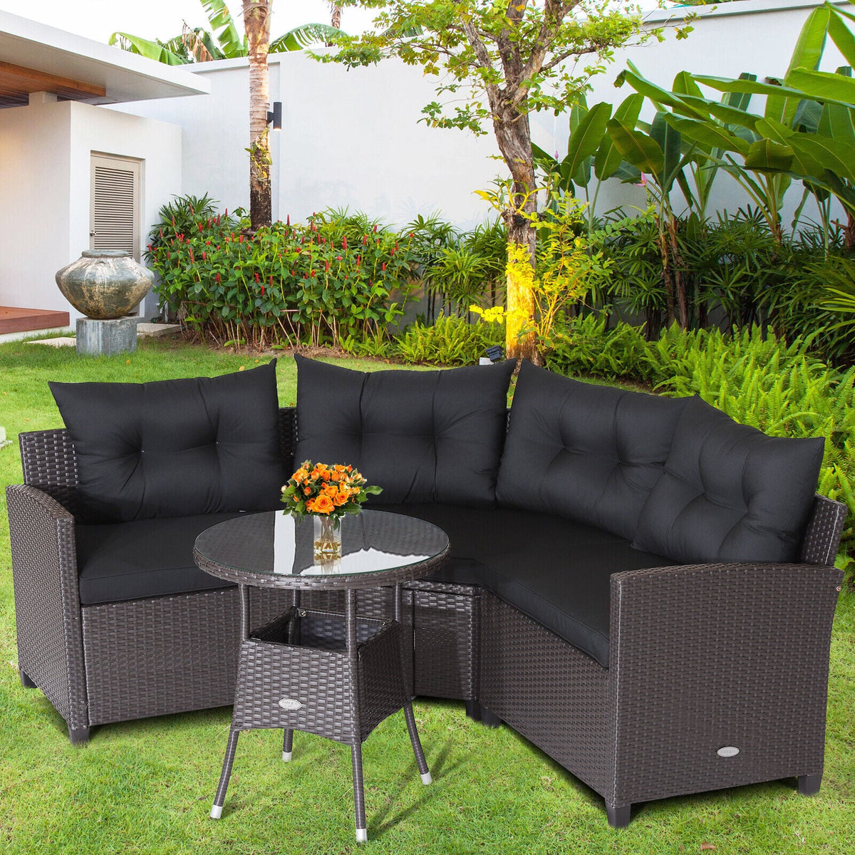 4 Pieces Patio Rattan Furniture Set Cushioned Sofa Glass Table-Black-Outdoor Sectional Sofas-DECOROLALA