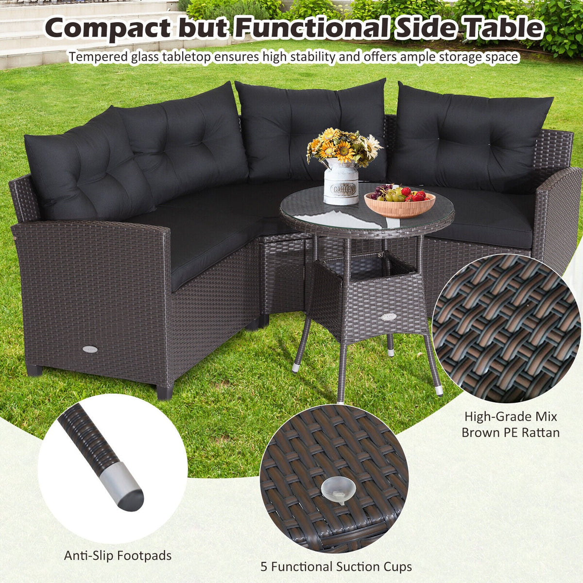 4 Pieces Patio Rattan Furniture Set Cushioned Sofa Glass Table-Black-Outdoor Sectional Sofas-DECOROLALA