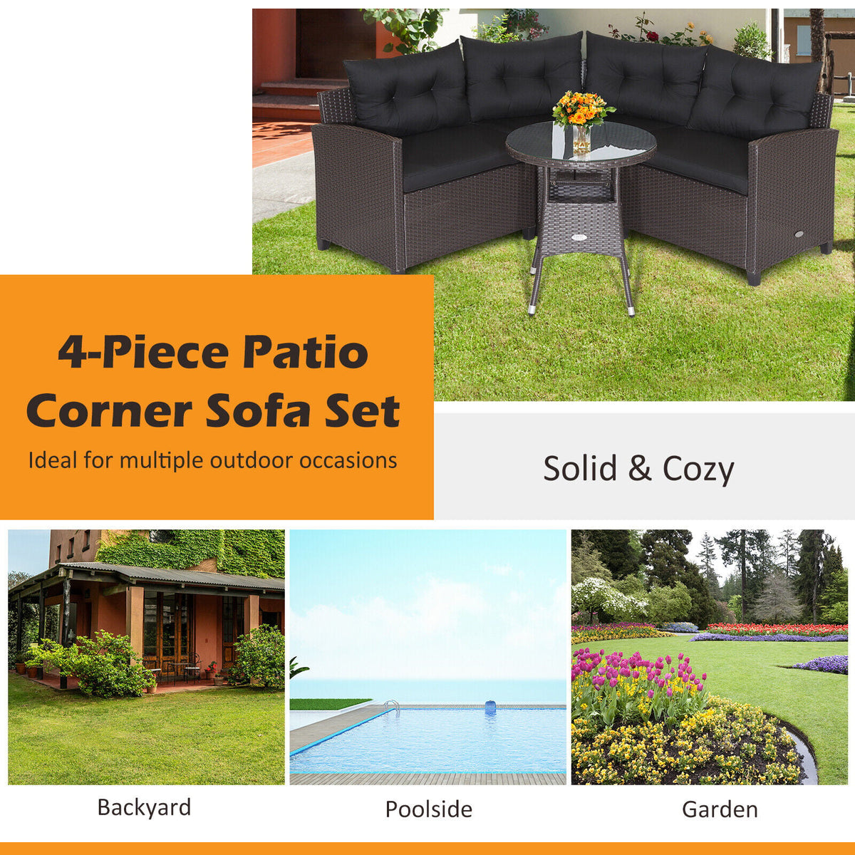 4 Pieces Patio Rattan Furniture Set Cushioned Sofa Glass Table-Black-Outdoor Sectional Sofas-DECOROLALA
