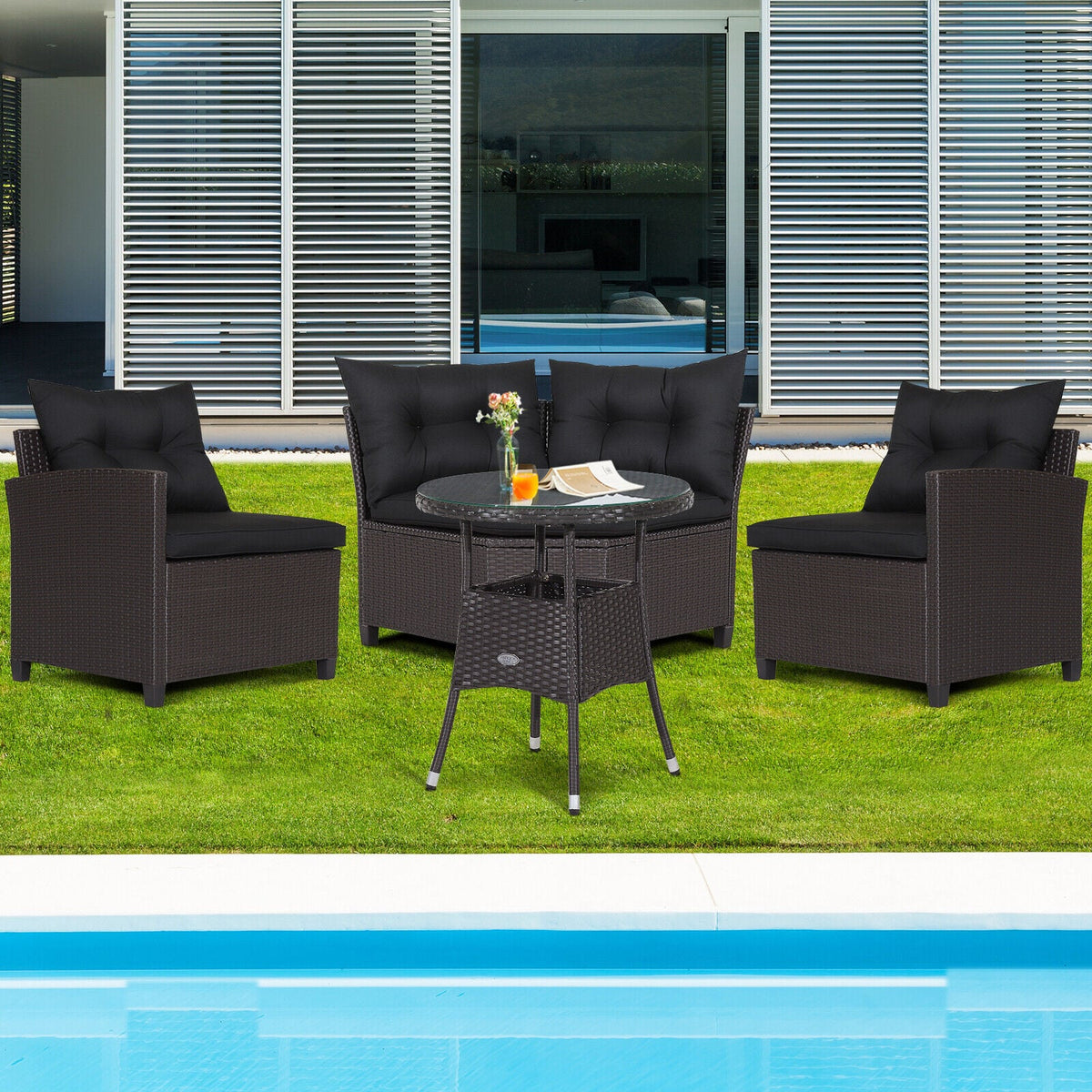 4 Pieces Patio Rattan Furniture Set Cushioned Sofa Glass Table-Black-Outdoor Sectional Sofas-DECOROLALA