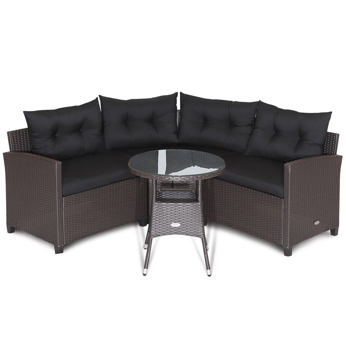 4 Pieces Patio Rattan Furniture Set Cushioned Sofa Glass Table-Black-Outdoor Sectional Sofas-DECOROLALA