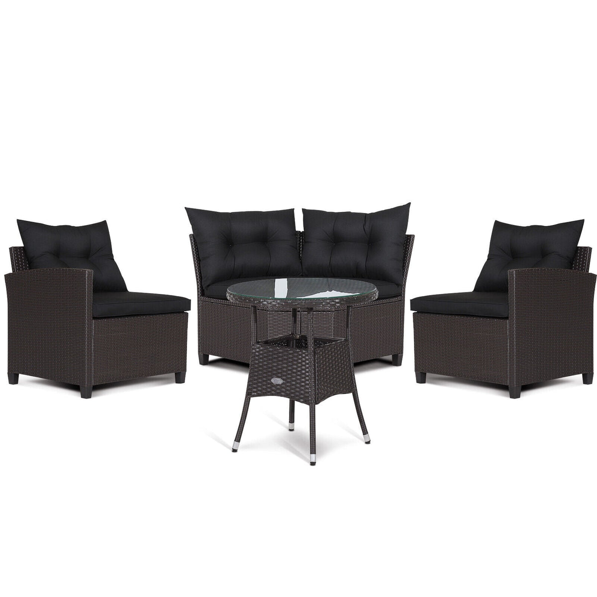4 Pieces Patio Rattan Furniture Set Cushioned Sofa Glass Table-Black-Outdoor Sectional Sofas-DECOROLALA