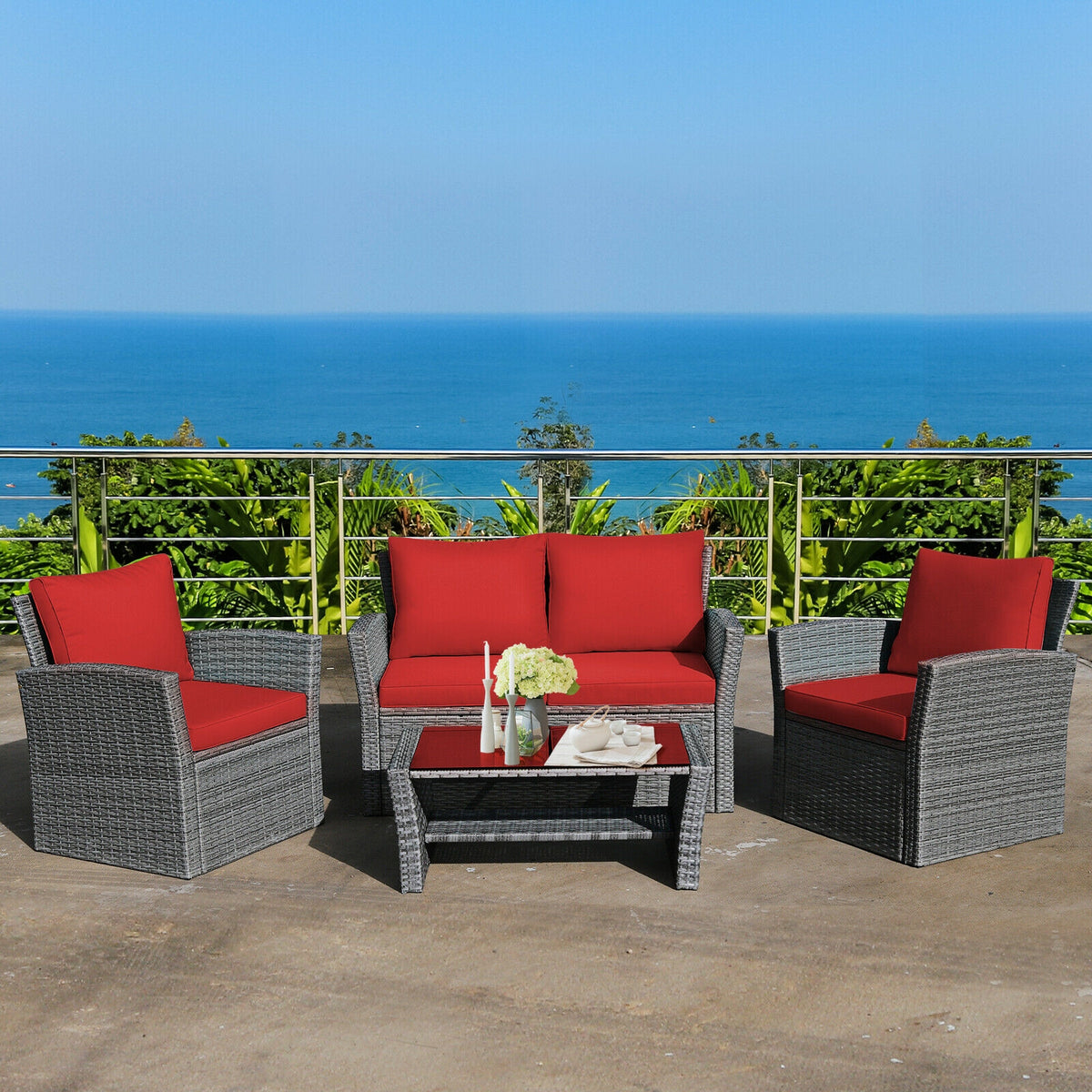 4 Pieces Patio Rattan Furniture Set Sofa Table with Storage Shelf Cushion-Red-Patio Furniture Sets-DECOROLALA