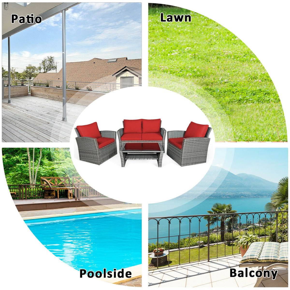 4 Pieces Patio Rattan Furniture Set Sofa Table with Storage Shelf Cushion-Red-Patio Furniture Sets-DECOROLALA