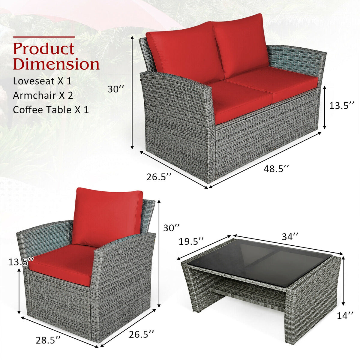 4 Pieces Patio Rattan Furniture Set Sofa Table with Storage Shelf Cushion-Red-Patio Furniture Sets-DECOROLALA