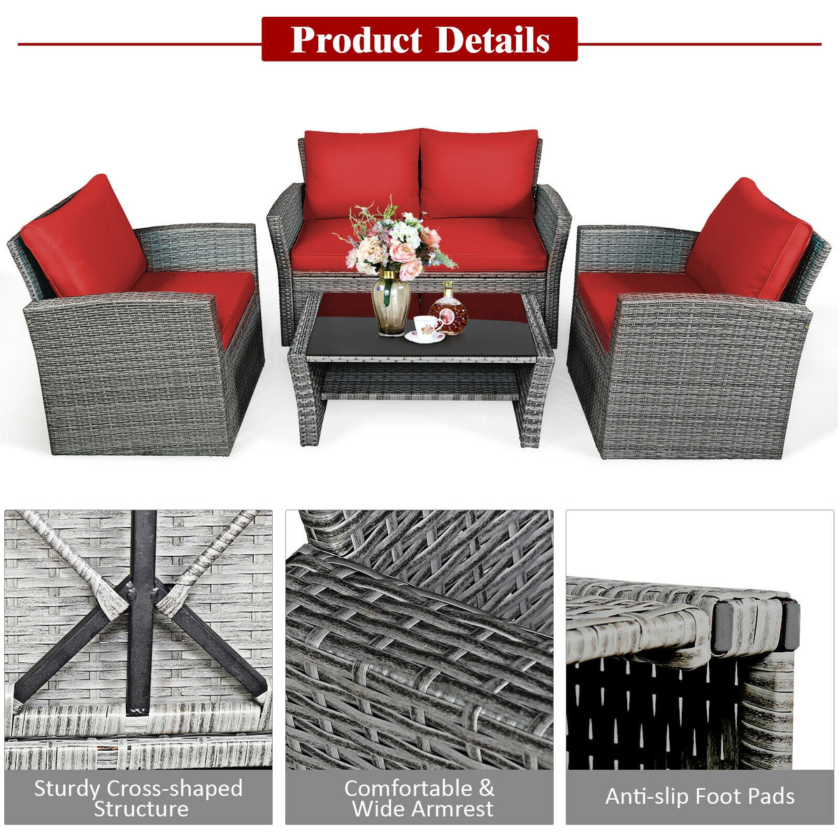 4 Pieces Patio Rattan Furniture Set Sofa Table with Storage Shelf Cushion-Red-Patio Furniture Sets-DECOROLALA