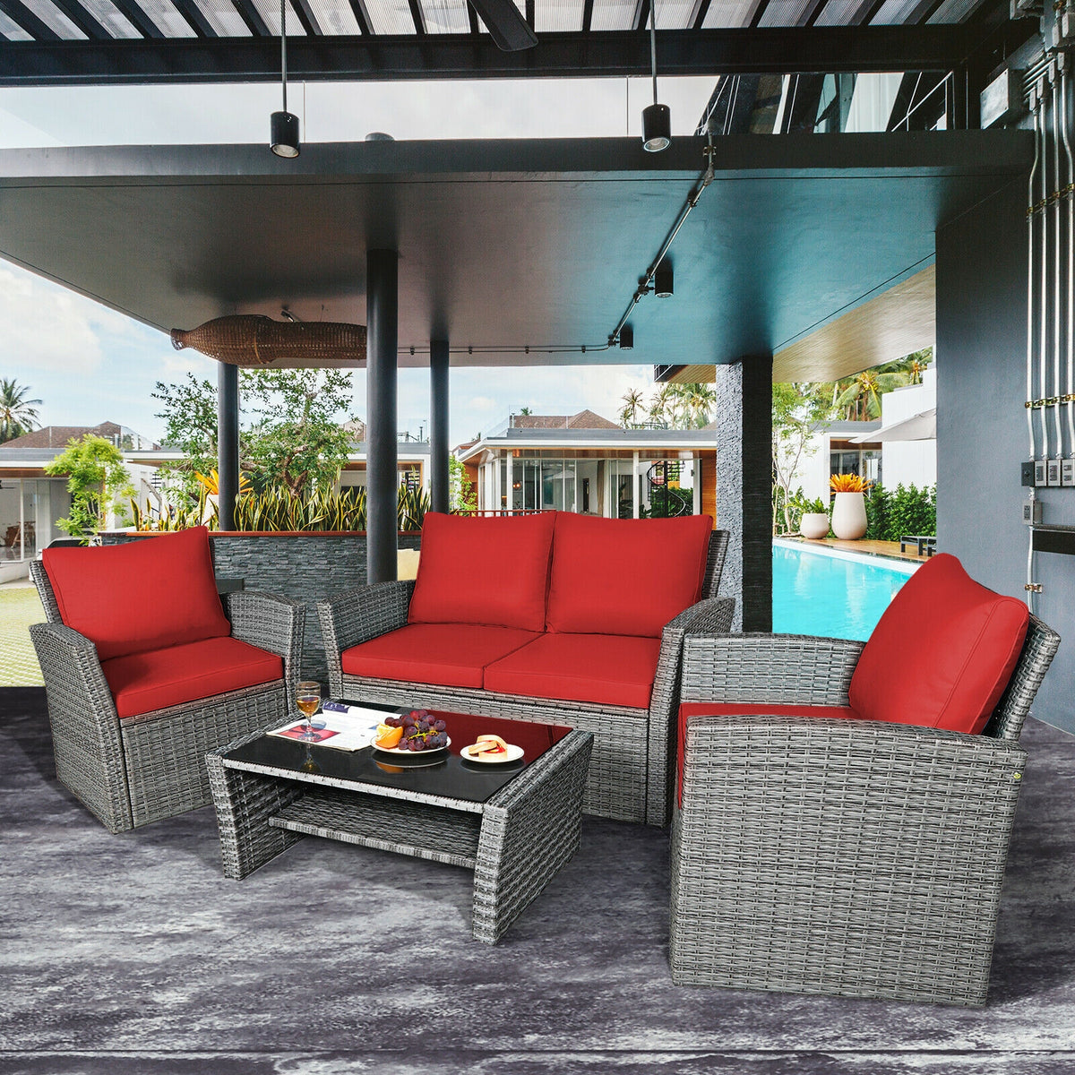 4 Pieces Patio Rattan Furniture Set Sofa Table with Storage Shelf Cushion-Red-Patio Furniture Sets-DECOROLALA