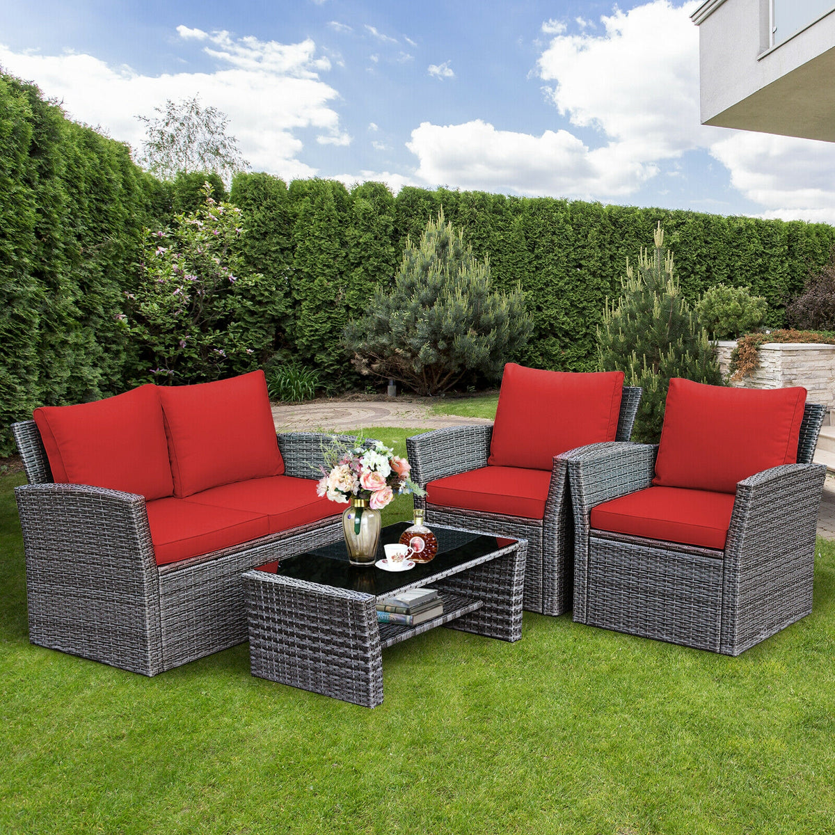 4 Pieces Patio Rattan Furniture Set Sofa Table with Storage Shelf Cushion-Red-Patio Furniture Sets-DECOROLALA