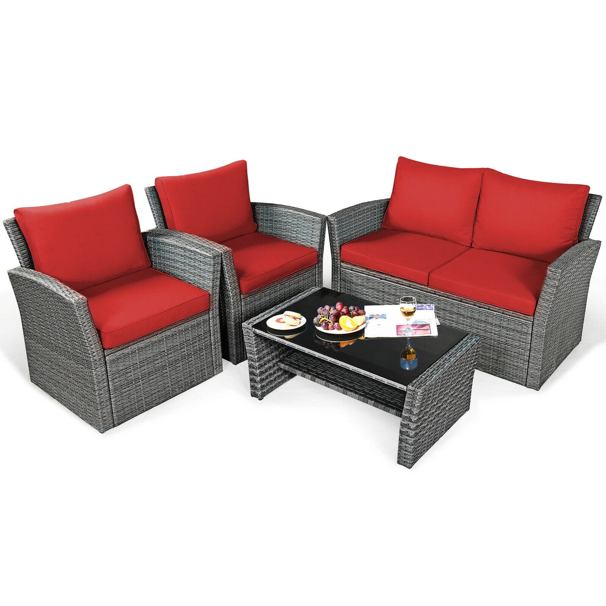 4 Pieces Patio Rattan Furniture Set Sofa Table with Storage Shelf Cushion-Red-Patio Furniture Sets-DECOROLALA