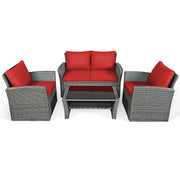 4 Pieces Patio Rattan Furniture Set Sofa Table with Storage Shelf Cushion-Red-Patio Furniture Sets-DECOROLALA