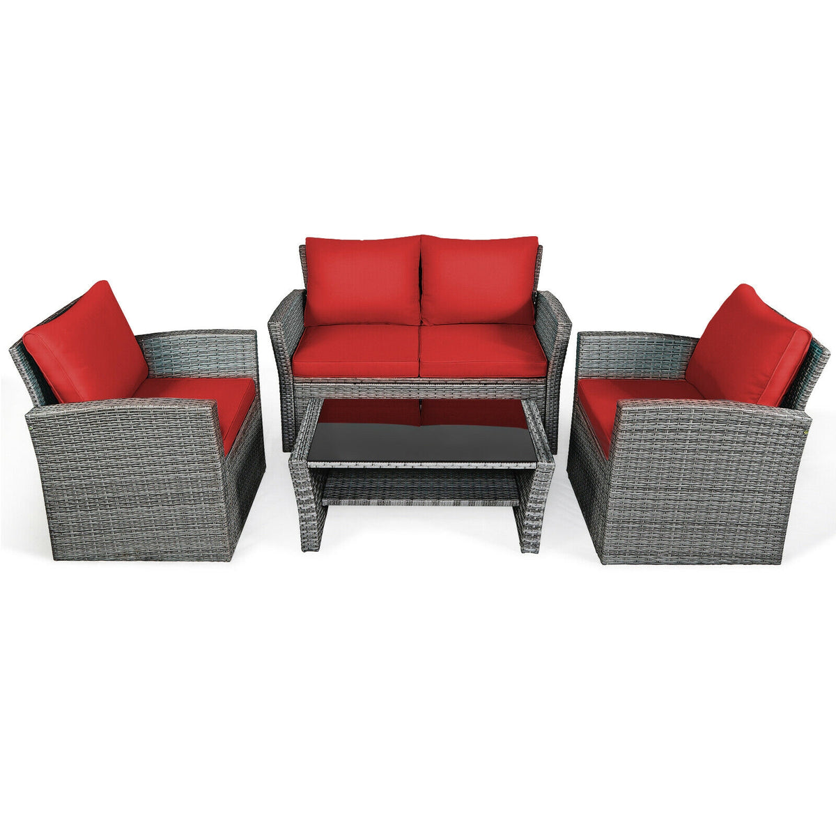 4 Pieces Patio Rattan Furniture Set Sofa Table with Storage Shelf Cushion-Red-Patio Furniture Sets-DECOROLALA