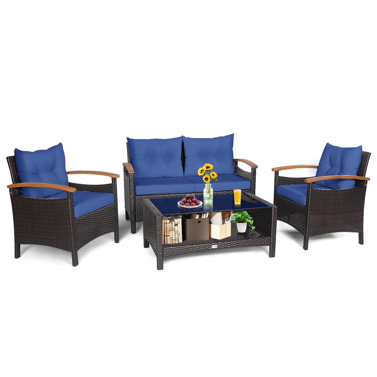 4 Pieces Patio Rattan Furniture Set with Cushioned Sofa and Storage Table-Navy-Patio Conversation Sets-DECOROLALA