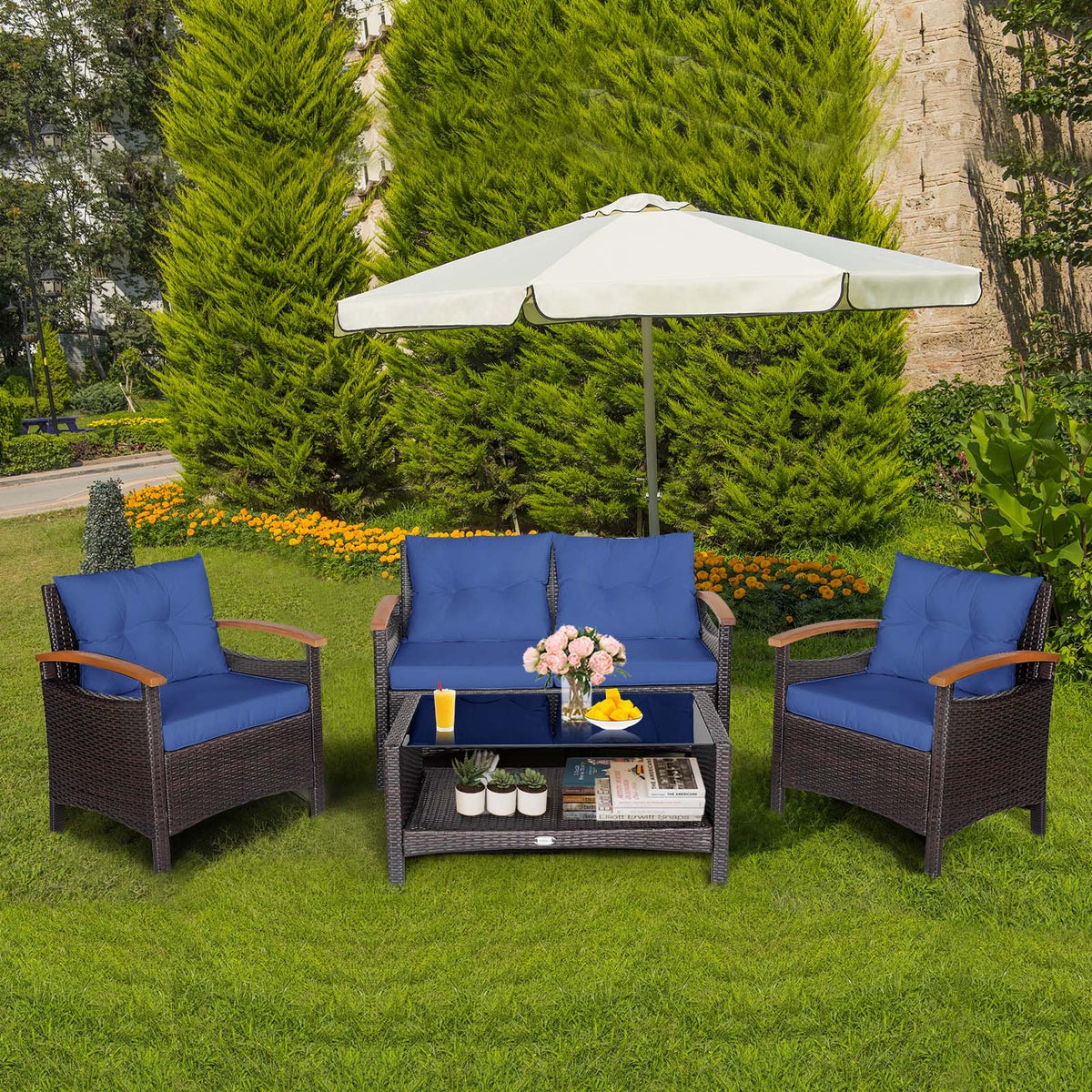 4 Pieces Patio Rattan Furniture Set with Cushioned Sofa and Storage Table-Navy-Patio Conversation Sets-DECOROLALA
