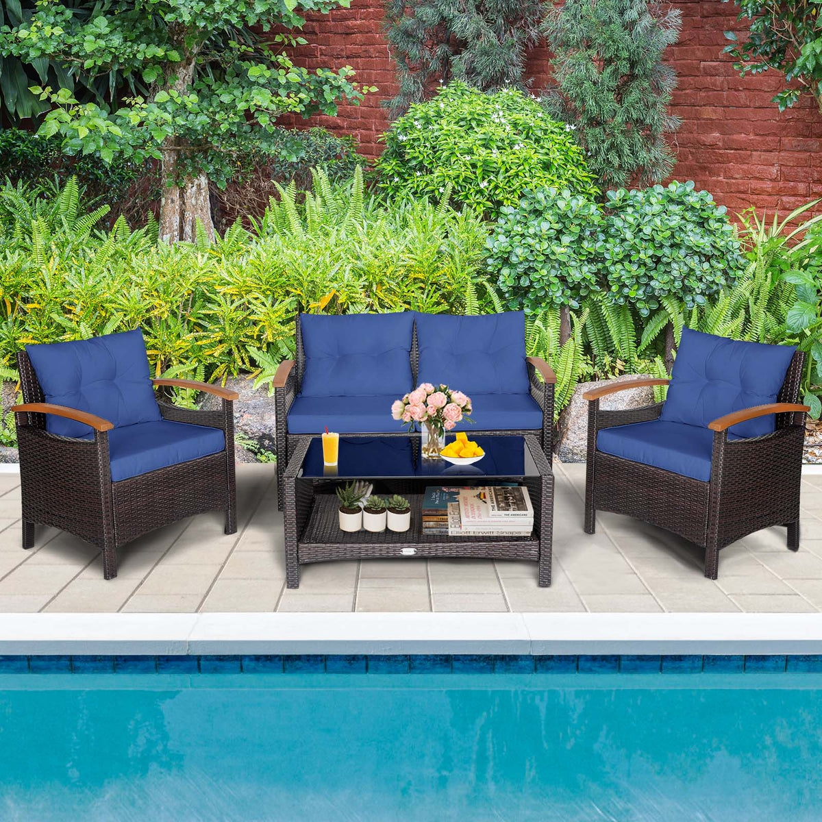 4 Pieces Patio Rattan Furniture Set with Cushioned Sofa and Storage Table-Navy-Patio Conversation Sets-DECOROLALA