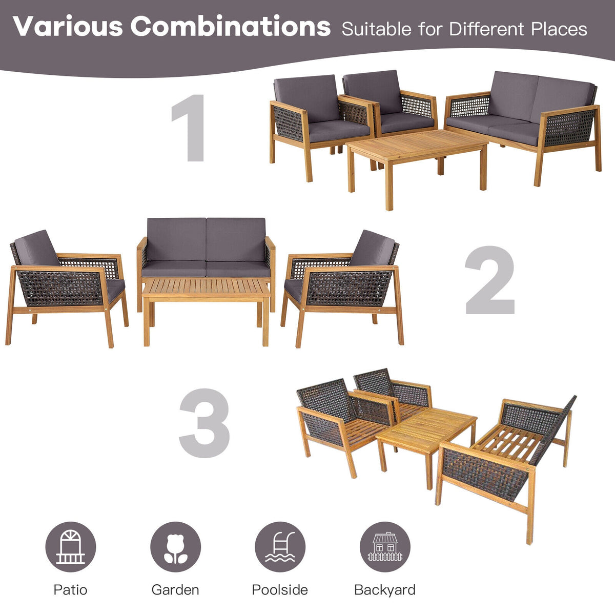 4 Pieces Patio Rattan Furniture Set with Removable Cushions-Gray-Patio Conversation Sets-DECOROLALA