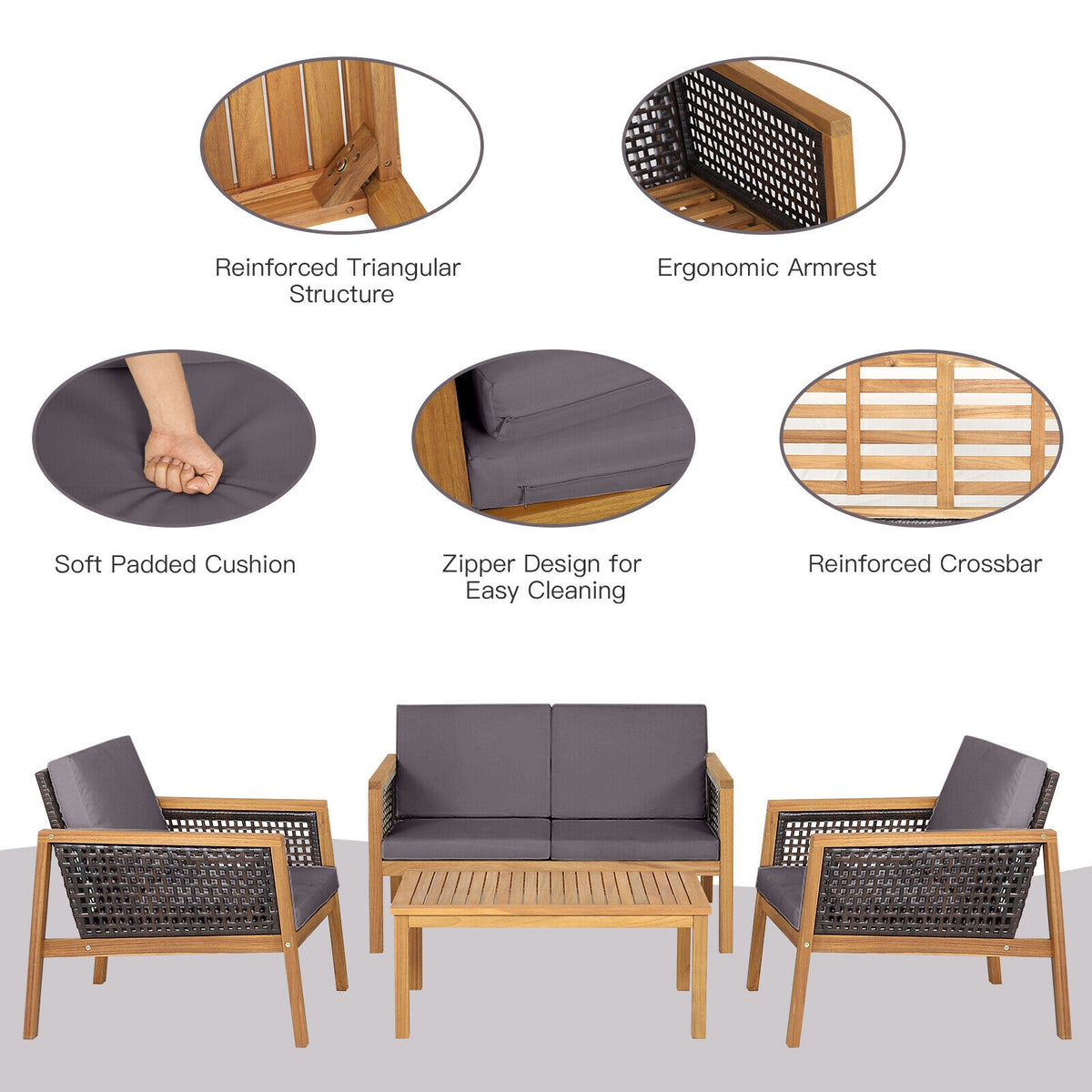 4 Pieces Patio Rattan Furniture Set with Removable Cushions-Gray-Patio Conversation Sets-DECOROLALA